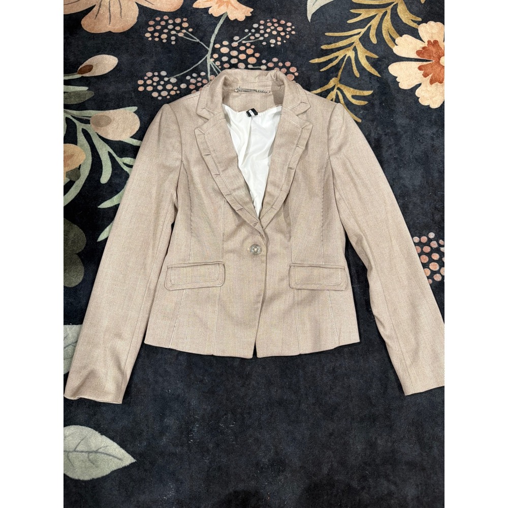 Womens Tan Ruffle Trim Single Button Tailored Blazer Jacket Beige Business Coat